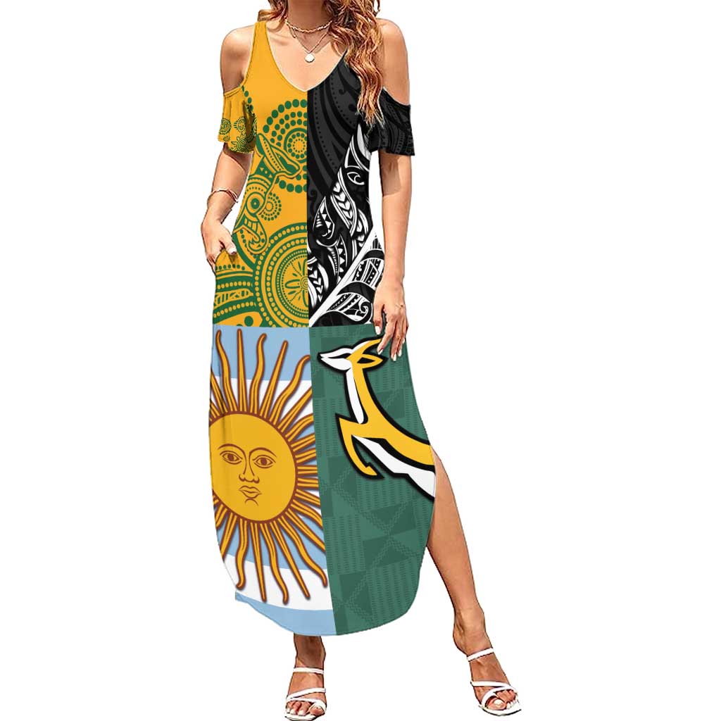 Personalised Rugby 2025 Championship Family Matching Summer Maxi Dress and Hawaiian Shirt Combination of Southern Hemisphere Countries LT14 Mom's Dress Black - Polynesian Pride