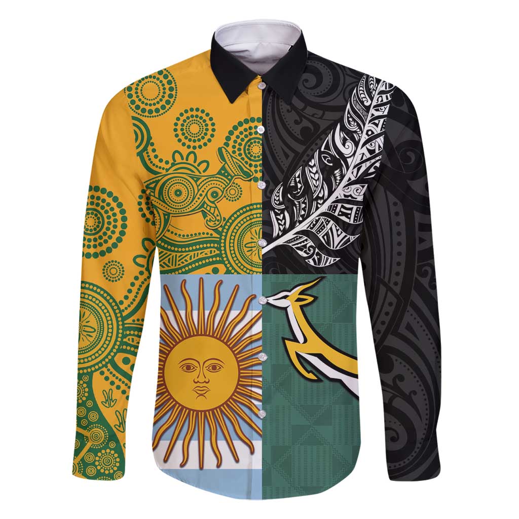 Personalised Rugby 2025 Championship Family Matching Tank Maxi Dress and Hawaiian Shirt Combination of Southern Hemisphere Countries LT14 Dad's Shirt - Long Sleeve Black - Polynesian Pride