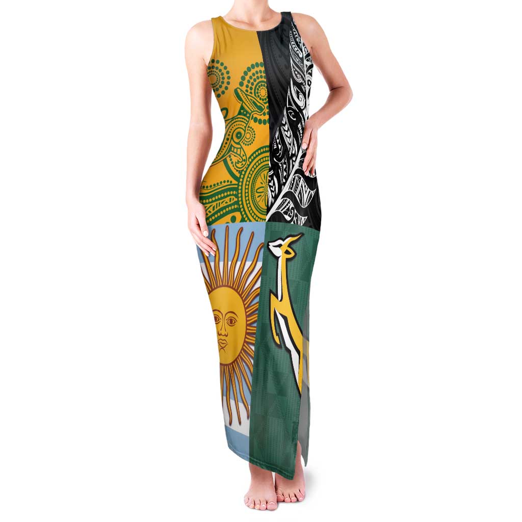 Personalised Rugby 2025 Championship Family Matching Tank Maxi Dress and Hawaiian Shirt Combination of Southern Hemisphere Countries LT14 Mom's Dress Black - Polynesian Pride