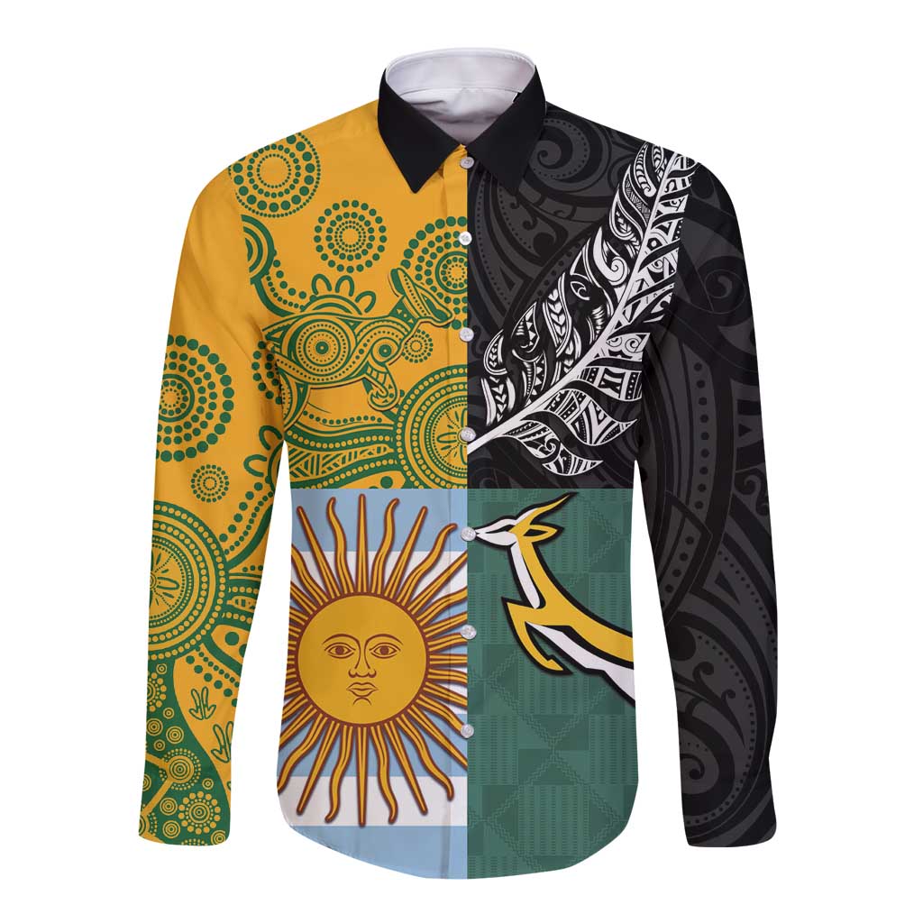 Personalised Rugby 2025 Championship Long Sleeve Button Shirt Combination of Southern Hemisphere Countries - Polynesian Pride