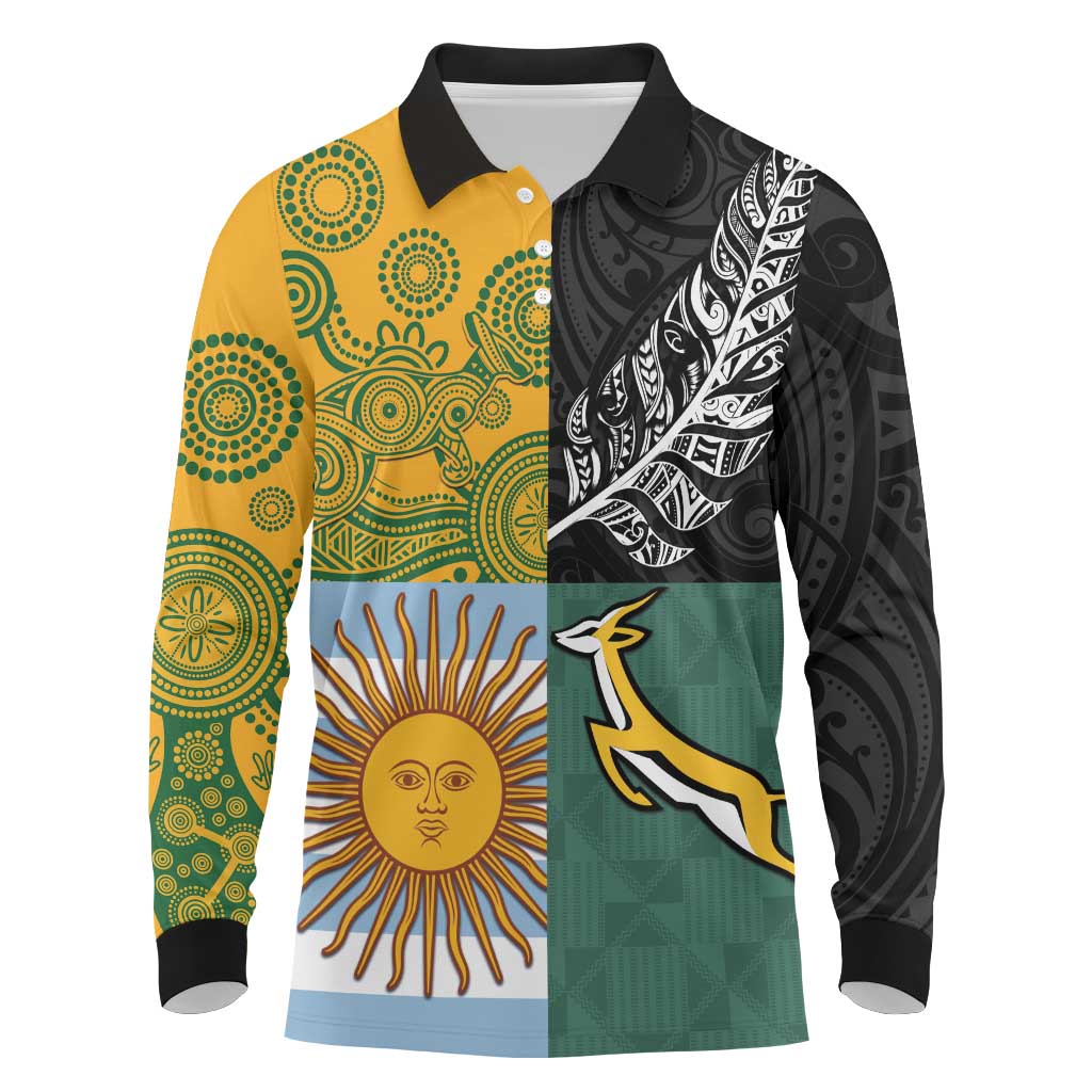 Personalised Rugby 2025 Championship Long Sleeve Polo Shirt Combination of Southern Hemisphere Countries LT14 Black - Polynesian Pride