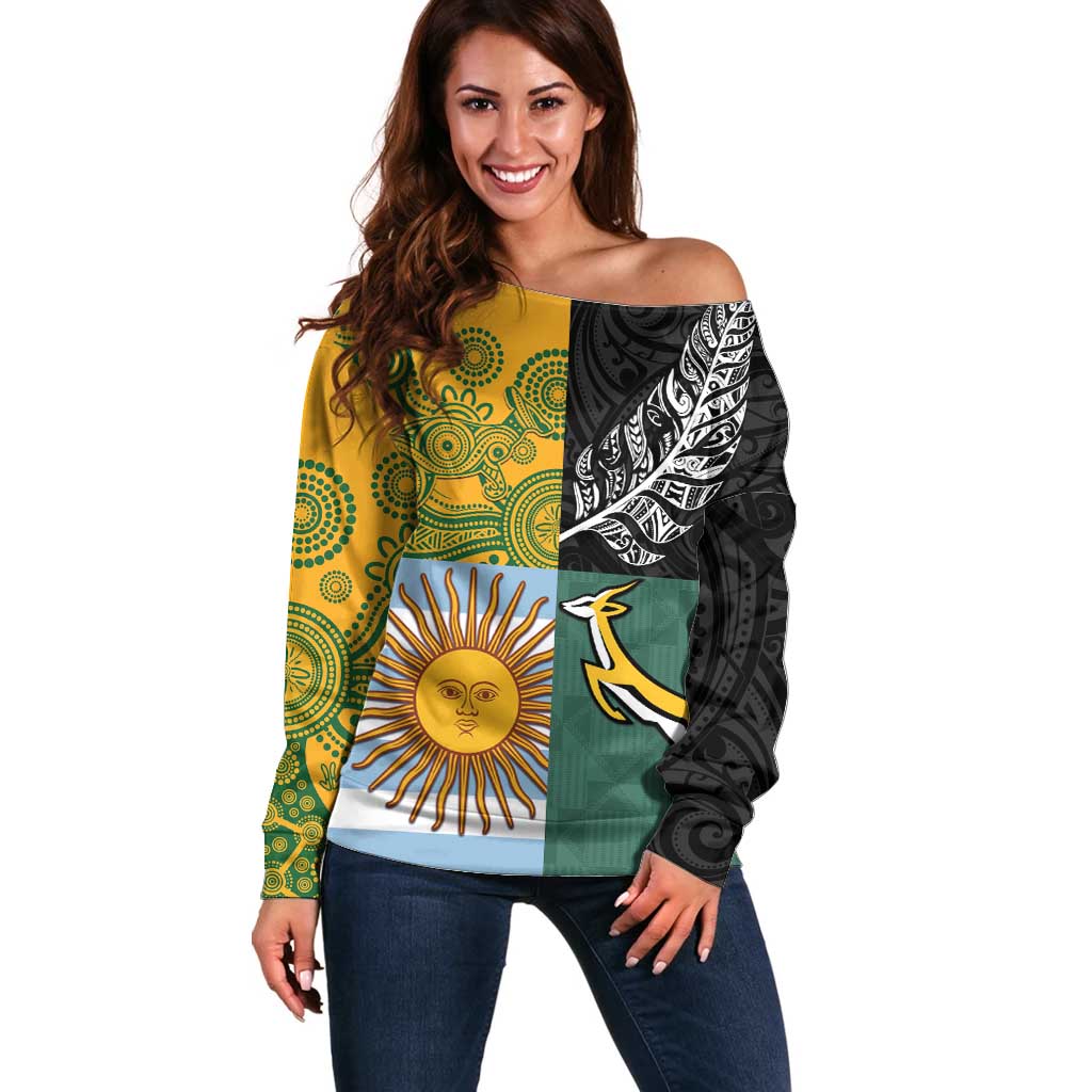 Personalised Rugby 2025 Championship Off Shoulder Sweater Combination of Southern Hemisphere Countries LT14 Women Black - Polynesian Pride