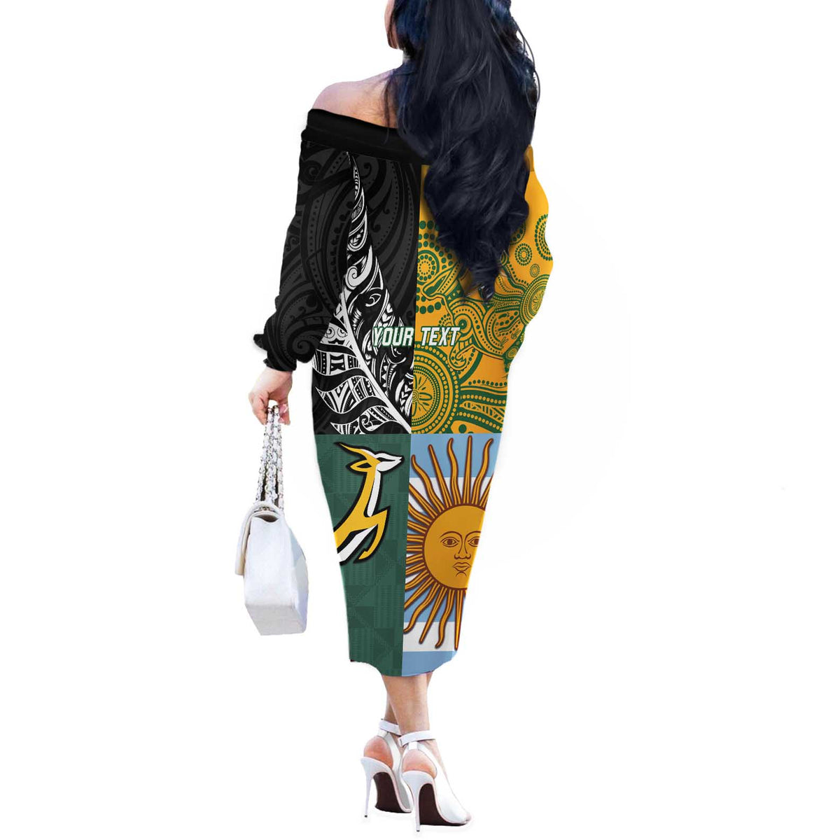 Personalised Rugby 2025 Championship Off The Shoulder Long Sleeve Dress Combination of Southern Hemisphere Countries - Polynesian Pride