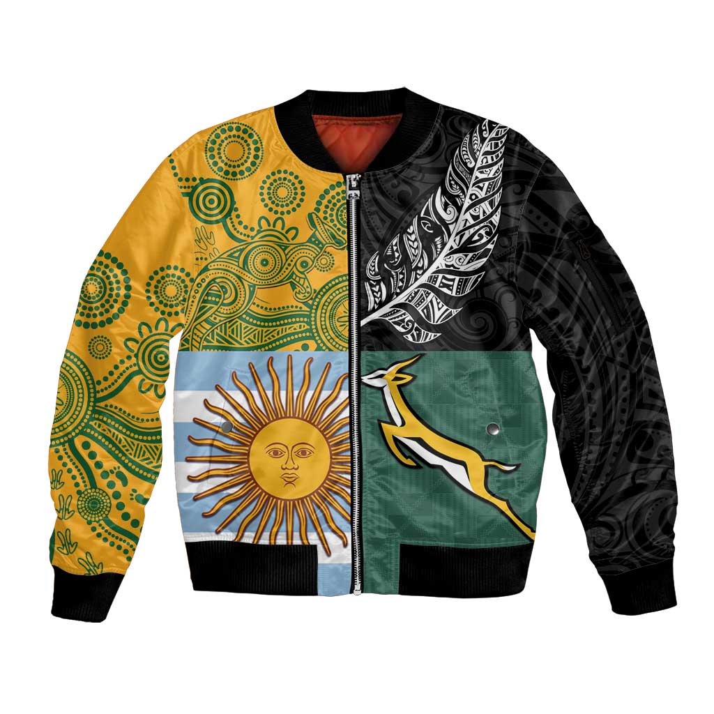 Personalised Rugby 2025 Championship Sleeve Zip Bomber Jacket Combination of Southern Hemisphere Countries LT14 Unisex Black - Polynesian Pride