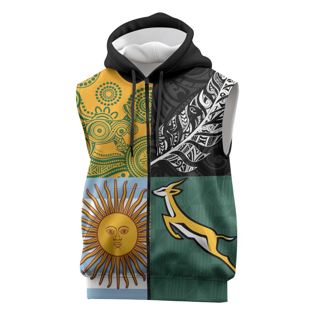 Personalised Rugby 2025 Championship Sleeveless Zip Hoodie Combination of Southern Hemisphere Countries LT14 Black - Polynesian Pride