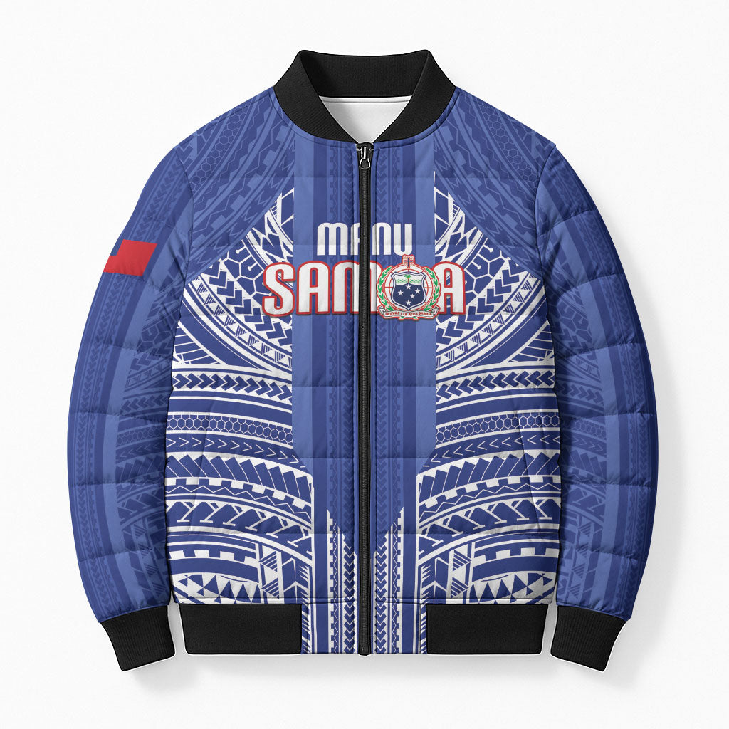 Custom Manu Samoa Rugby 2026 Bomber Puffer Jacket Samoan Pattern LT14 Unisex Blue - Polynesian Pride