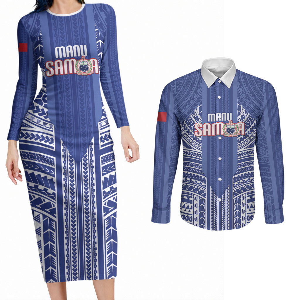 Custom Manu Samoa Rugby 2026 Couples Matching Long Sleeve Bodycon Dress and Long Sleeve Button Shirt Samoan Pattern