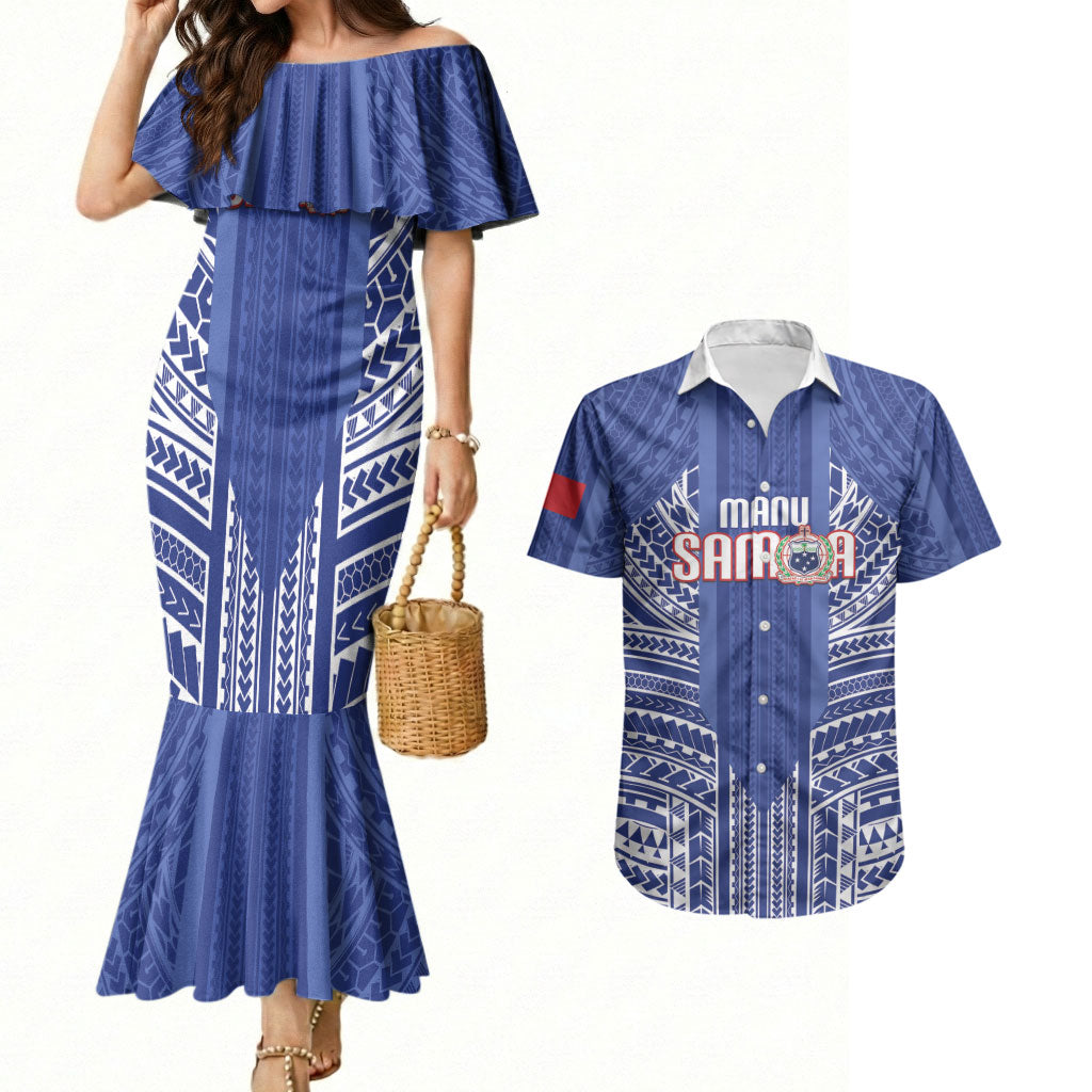 Custom Manu Samoa Rugby 2026 Couples Matching Mermaid Dress and Hawaiian Shirt Samoan Pattern LT14 Blue - Polynesian Pride