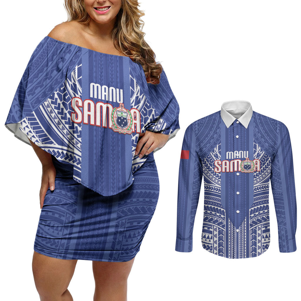 Custom Manu Samoa Rugby 2026 Couples Matching Off Shoulder Short Dress and Long Sleeve Button Shirt Samoan Pattern