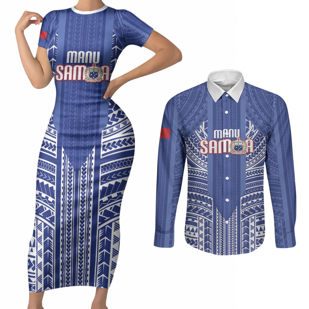 Custom Manu Samoa Rugby 2026 Couples Matching Short Sleeve Bodycon Dress and Long Sleeve Button Shirt Samoan Pattern