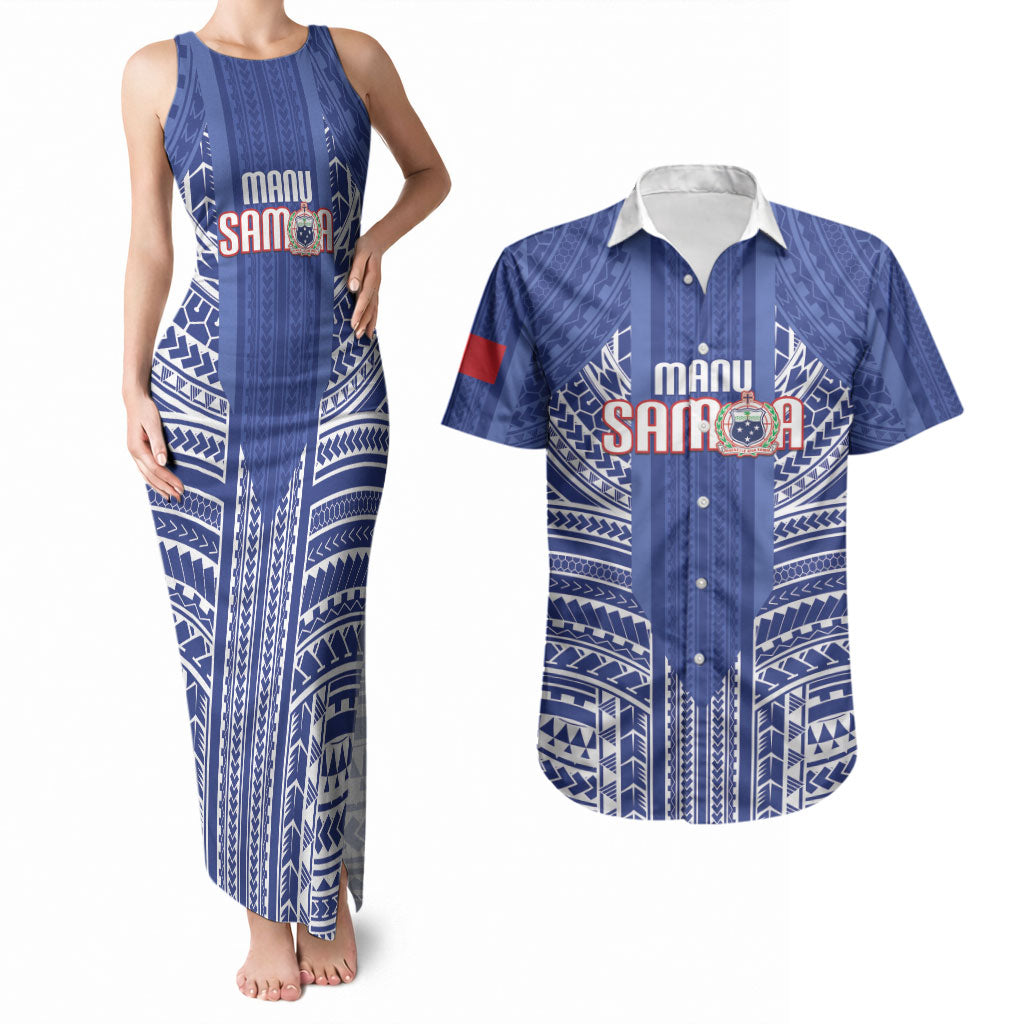 Custom Manu Samoa Rugby 2026 Couples Matching Tank Maxi Dress and Hawaiian Shirt Samoan Pattern LT14 Blue - Polynesian Pride