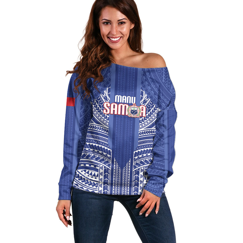 Custom Manu Samoa Rugby 2026 Off Shoulder Sweater Samoan Pattern LT14 Women Blue - Polynesian Pride