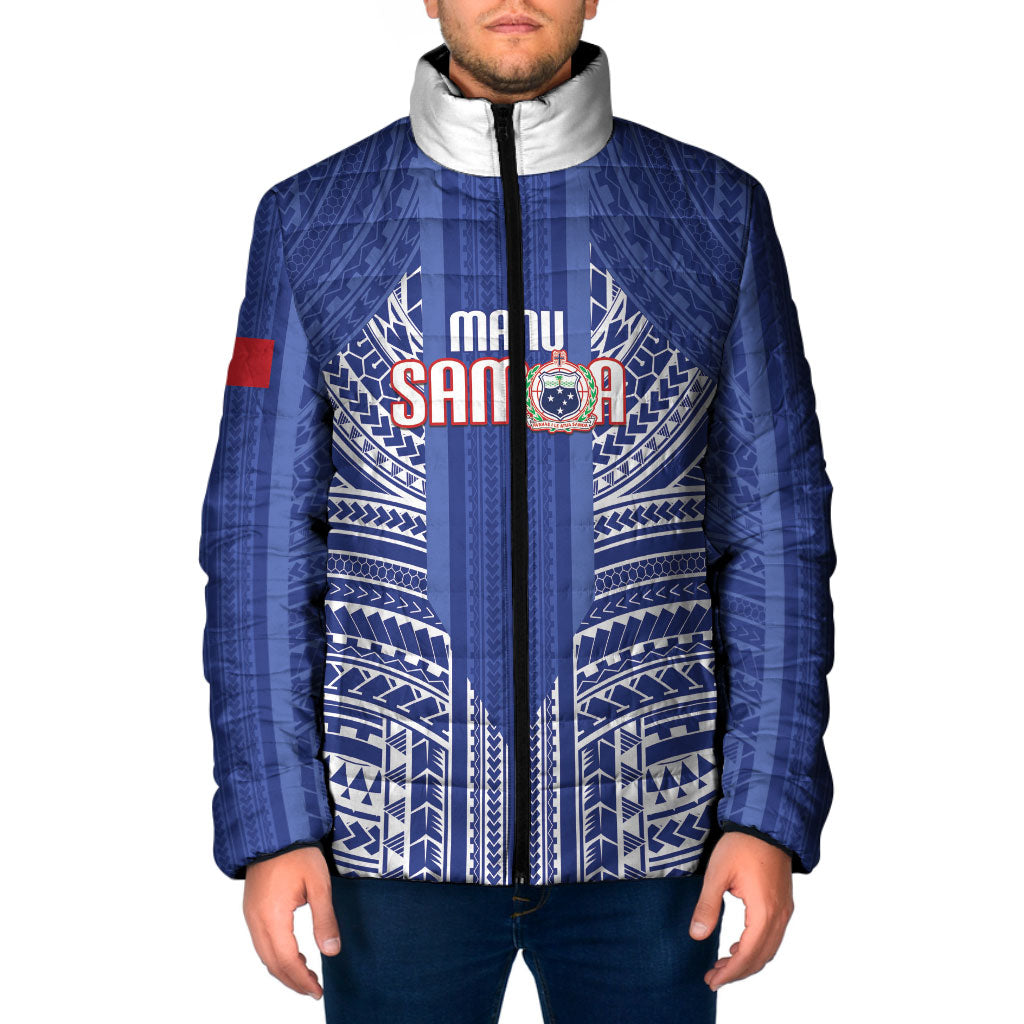 Custom Manu Samoa Rugby 2026 Padded Jacket Samoan Pattern LT14 Men Blue - Polynesian Pride