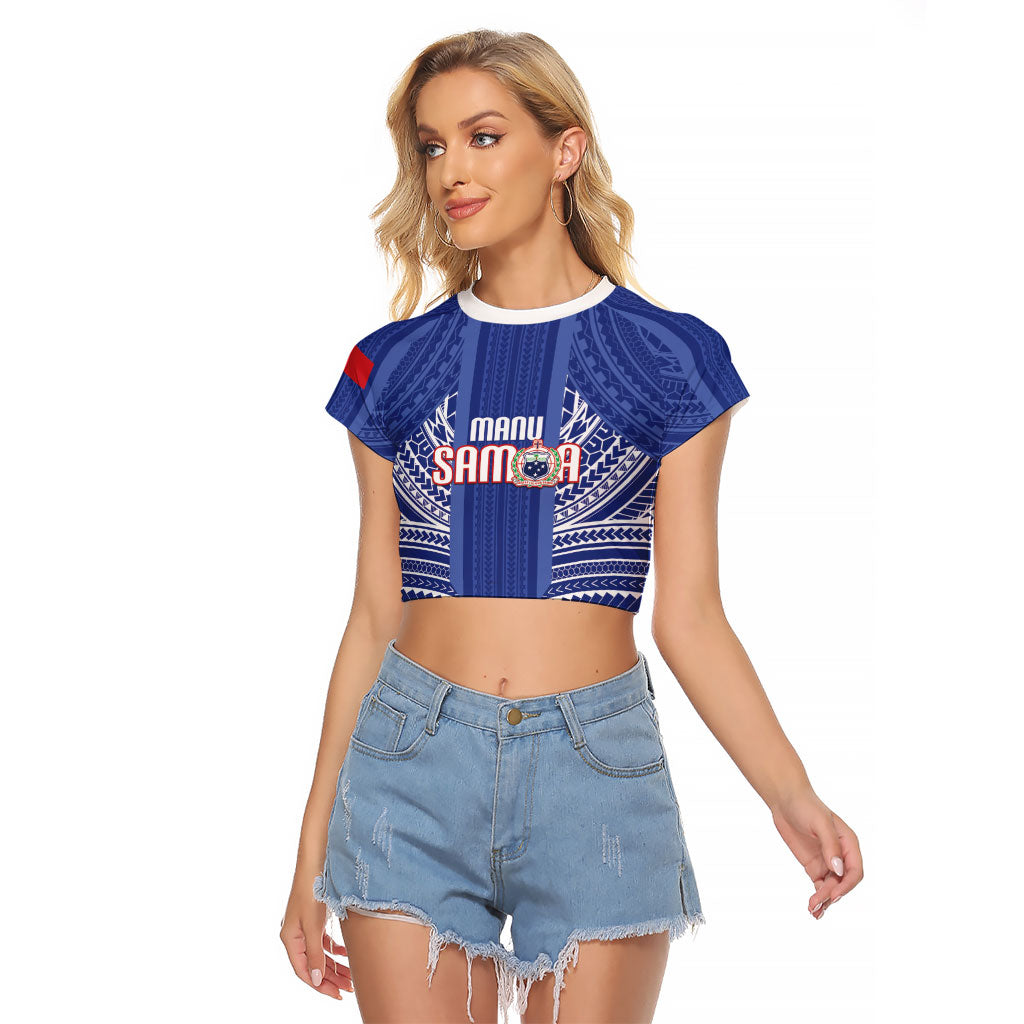 Custom Manu Samoa Rugby 2026 Raglan Cropped T Shirt Samoan Pattern LT14 Female Blue - Polynesian Pride