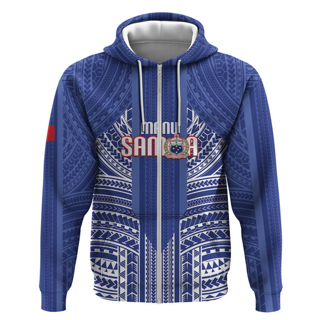 Custom Manu Samoa Rugby 2026 Zip Hoodie Samoan Pattern LT14 Zip Hoodie Blue - Polynesian Pride