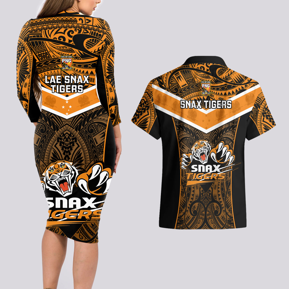 Papua New Guinea Rugby Couples Matching Long Sleeve Bodycon Dress and Hawaiian Shirt Lae Snax Tigers PNG Polynesian Pattern LT14 - Polynesian Pride
