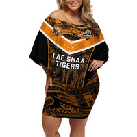 Papua New Guinea Rugby Off Shoulder Short Dress Lae Snax Tigers PNG Polynesian Pattern LT14 Women Orange - Polynesian Pride