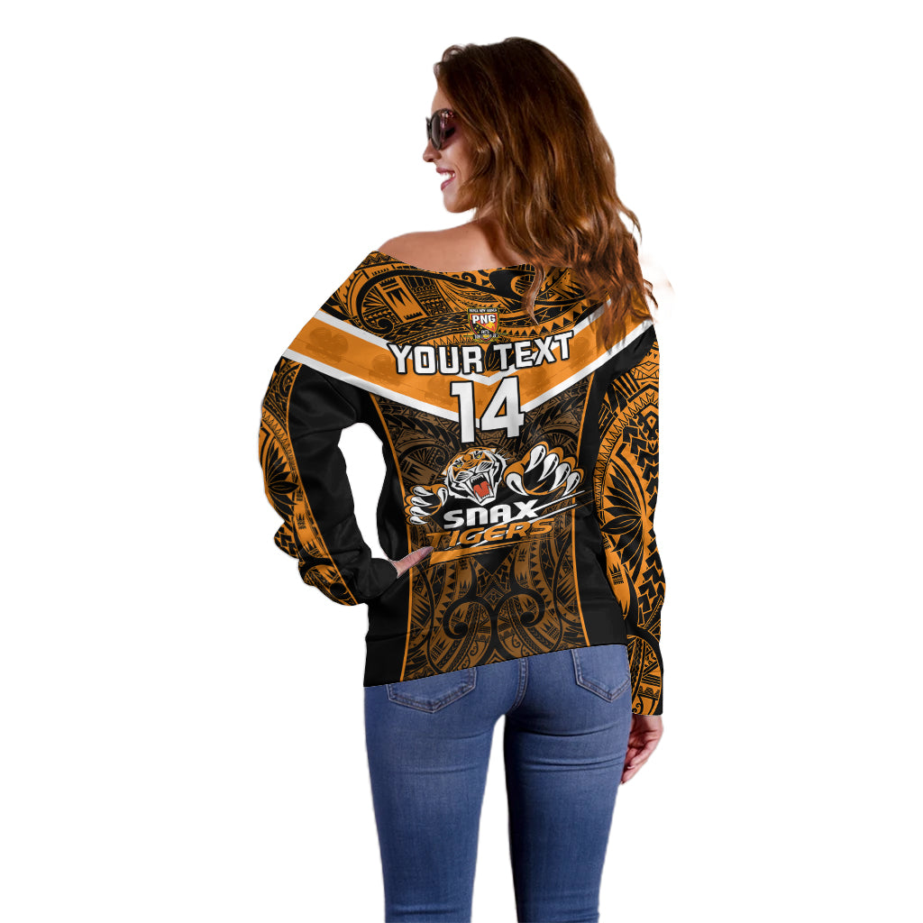 Custom Papua New Guinea Rugby Off Shoulder Sweater Lae Snax Tigers PNG Polynesian Pattern LT14 - Polynesian Pride