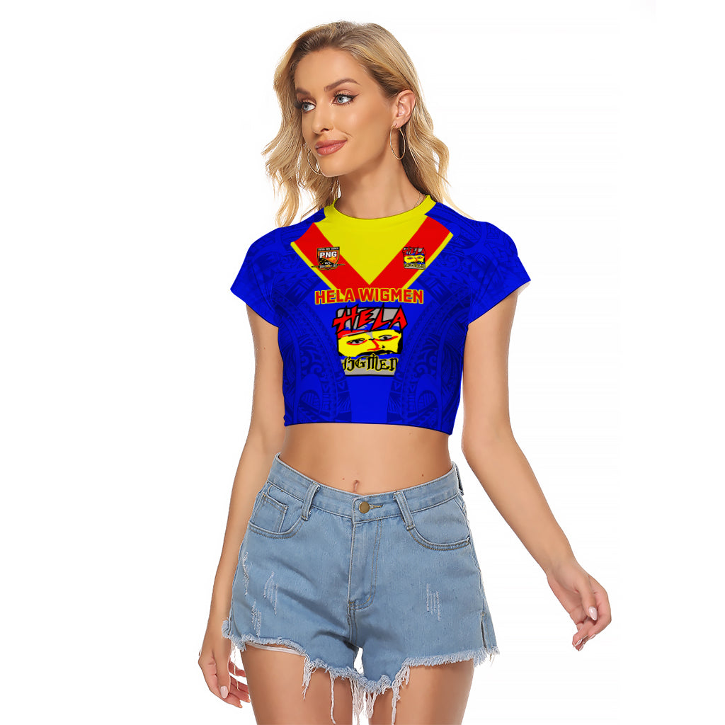 Papua New Guinea Rugby Raglan Cropped T Shirt Hela Wigmen PNG Polynesian Pattern LT14 Female Blue - Polynesian Pride
