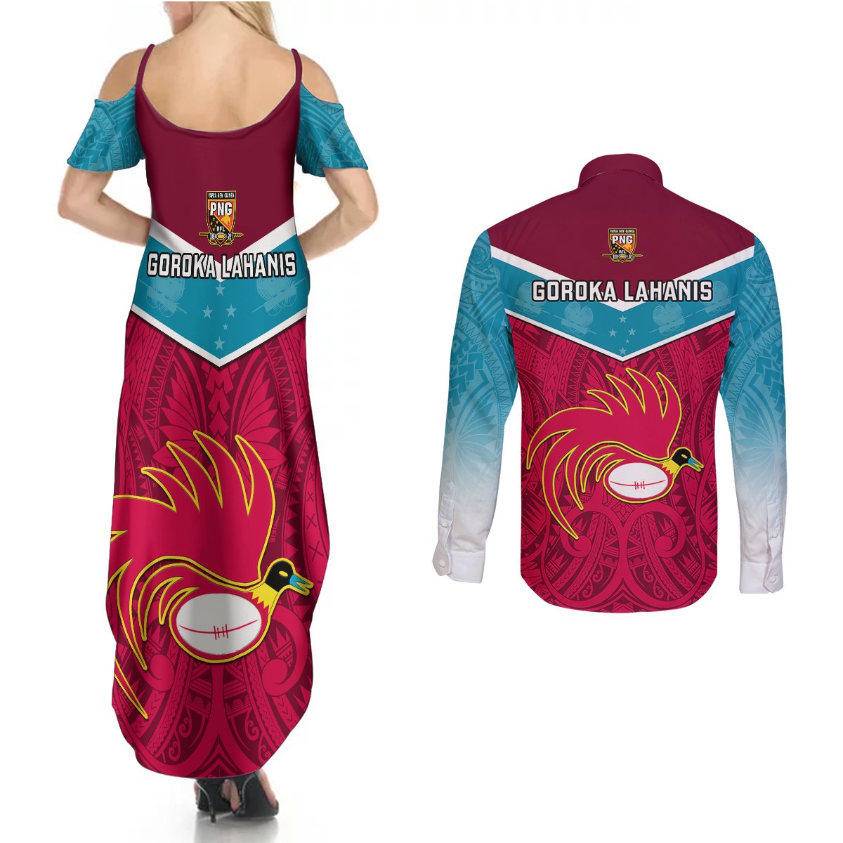 Papua New Guinea Rugby Couples Matching Summer Maxi Dress and Long Sleeve Button Shirts Goroka Lahanis PNG Polynesian Pattern LT14 - Polynesian Pride