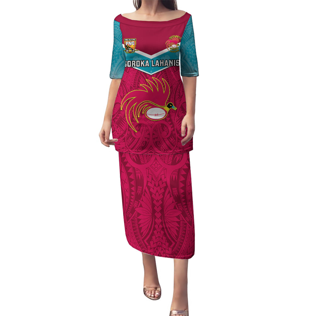 Custom Papua New Guinea Rugby Puletasi Goroka Lahanis PNG Polynesian Pattern LT14 Long Dress Red - Polynesian Pride