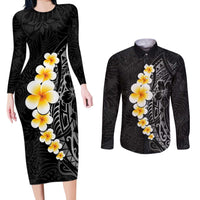 Black Tropical Plumeria With Galaxy Polynesian Art Couples Matching Long Sleeve Bodycon Dress and Long Sleeve Button Shirt