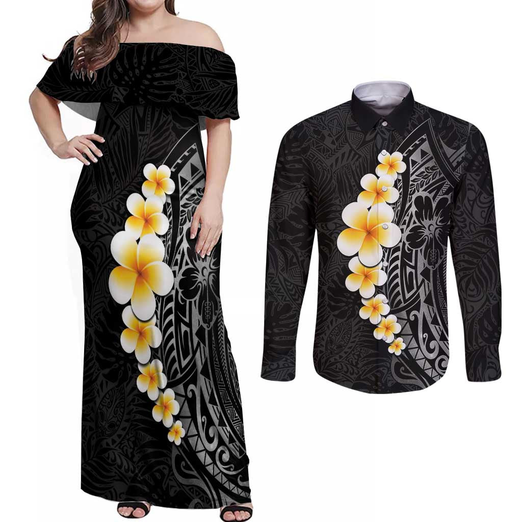 Black Tropical Plumeria With Galaxy Polynesian Art Couples Matching Off Shoulder Maxi Dress and Long Sleeve Button Shirt
