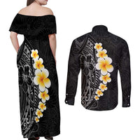 Black Tropical Plumeria With Galaxy Polynesian Art Couples Matching Off Shoulder Maxi Dress and Long Sleeve Button Shirt