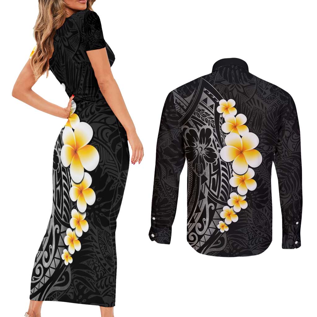 Black Tropical Plumeria With Galaxy Polynesian Art Couples Matching Short Sleeve Bodycon Dress and Long Sleeve Button Shirt
