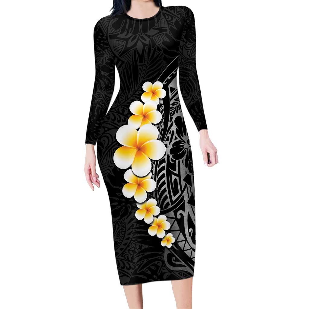 Black Tropical Plumeria With Galaxy Polynesian Art Family Matching Long Sleeve Bodycon Dress and Hawaiian Shirt
