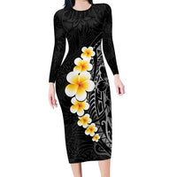 Black Tropical Plumeria With Galaxy Polynesian Art Family Matching Long Sleeve Bodycon Dress and Hawaiian Shirt