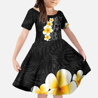 Black Tropical Plumeria With Galaxy Polynesian Art Family Matching Off The Shoulder Long Sleeve Dress and Hawaiian Shirt LT14 Daughter's Dress Black - Polynesian Pride