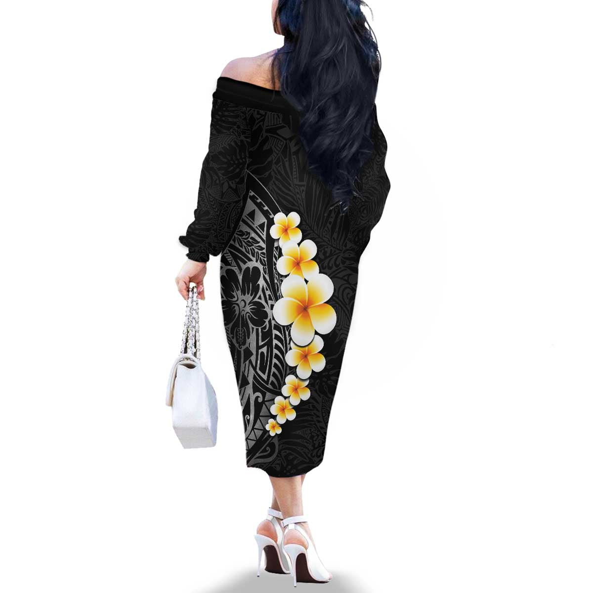Black Tropical Plumeria With Galaxy Polynesian Art Family Matching Off The Shoulder Long Sleeve Dress and Hawaiian Shirt LT14 - Polynesian Pride