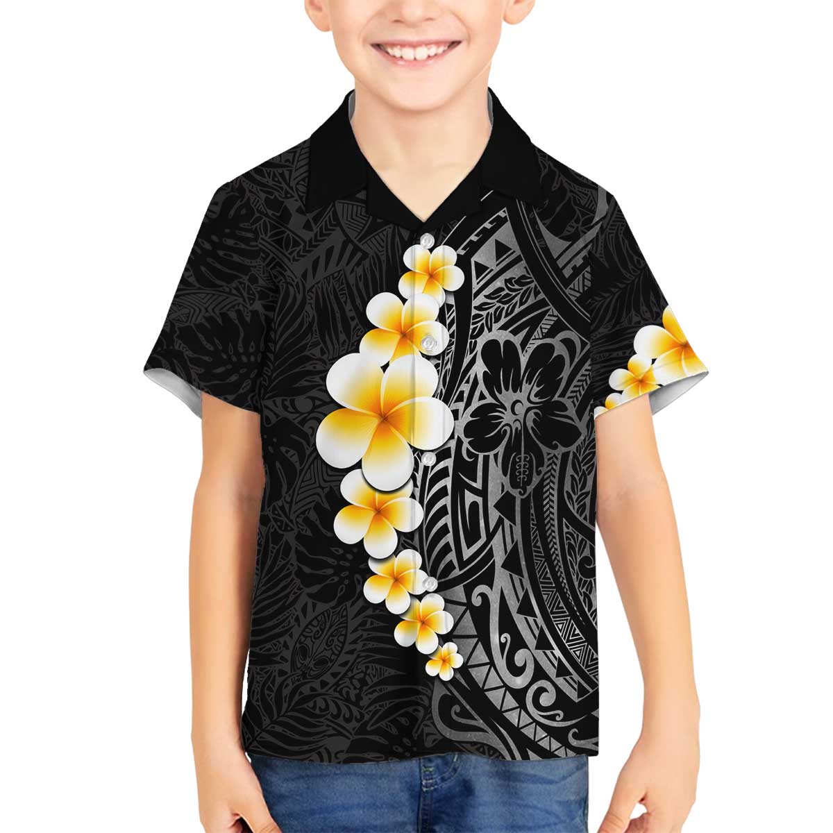 Black Tropical Plumeria With Galaxy Polynesian Art Family Matching Off The Shoulder Long Sleeve Dress and Hawaiian Shirt LT14 Son's Shirt Black - Polynesian Pride