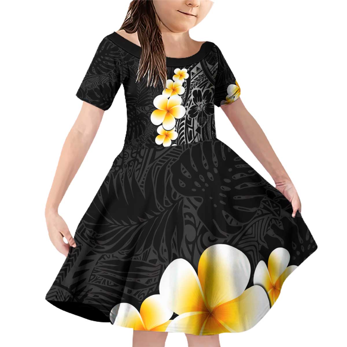 Black Tropical Plumeria With Galaxy Polynesian Art Family Matching Off Shoulder Short Dress and Hawaiian Shirt LT14 Daughter's Dress Black - Polynesian Pride