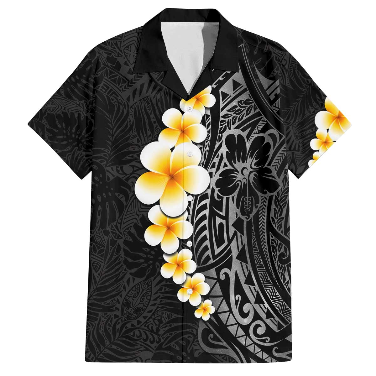 Black Tropical Plumeria With Galaxy Polynesian Art Family Matching Off Shoulder Short Dress and Hawaiian Shirt LT14 Dad's Shirt - Short Sleeve Black - Polynesian Pride