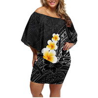 Black Tropical Plumeria With Galaxy Polynesian Art Family Matching Off Shoulder Short Dress and Hawaiian Shirt LT14 Mom's Dress Black - Polynesian Pride