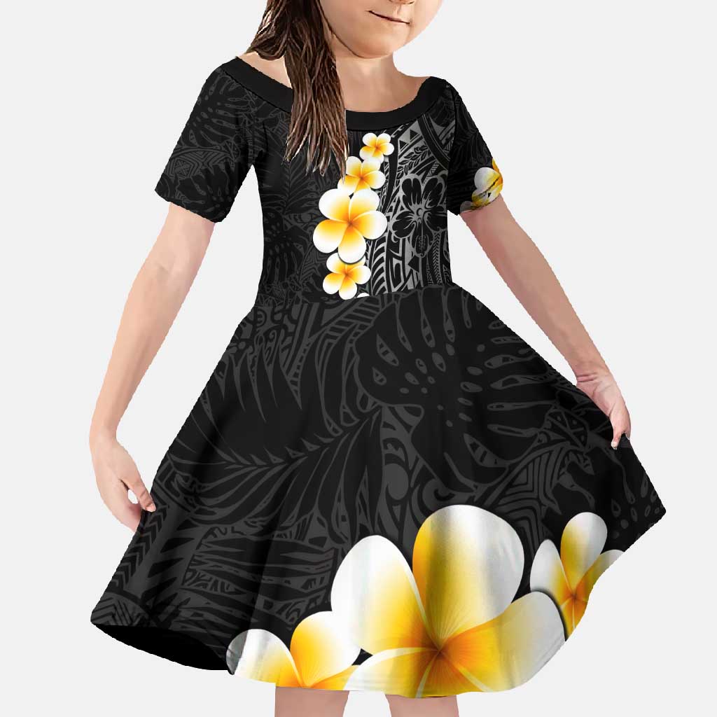 Black Tropical Plumeria With Galaxy Polynesian Art Family Matching Tank Maxi Dress and Hawaiian Shirt LT14 Daughter's Dress Black - Polynesian Pride