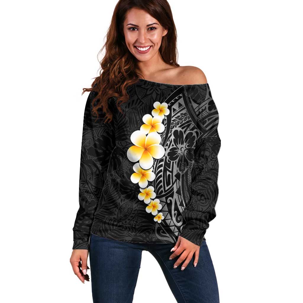Black Tropical Plumeria With Galaxy Polynesian Art Off Shoulder Sweater LT14 Women Black - Polynesian Pride