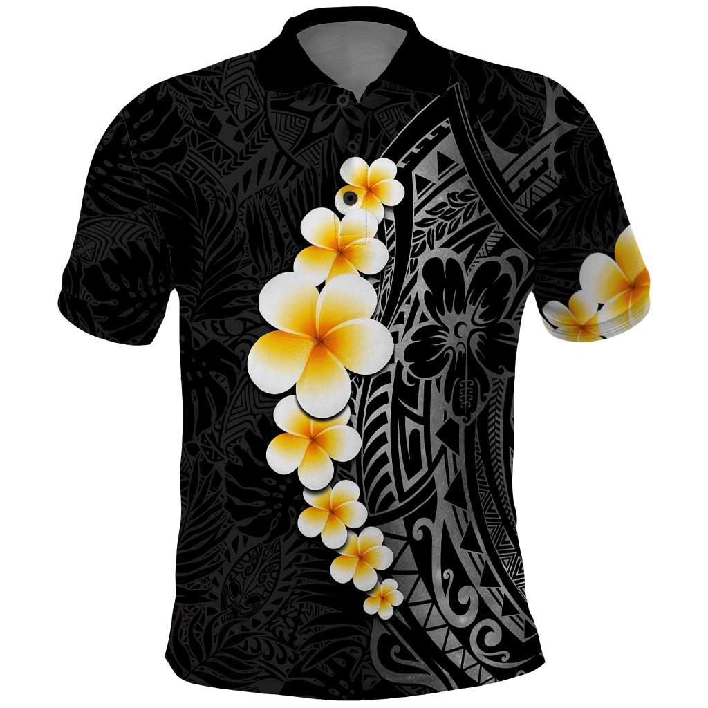 Black Tropical Plumeria With Galaxy Polynesian Art Polo Shirt