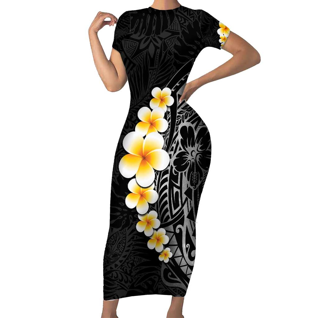Black Tropical Plumeria With Galaxy Polynesian Art Short Sleeve Bodycon Dress LT14 Long Dress Black - Polynesian Pride