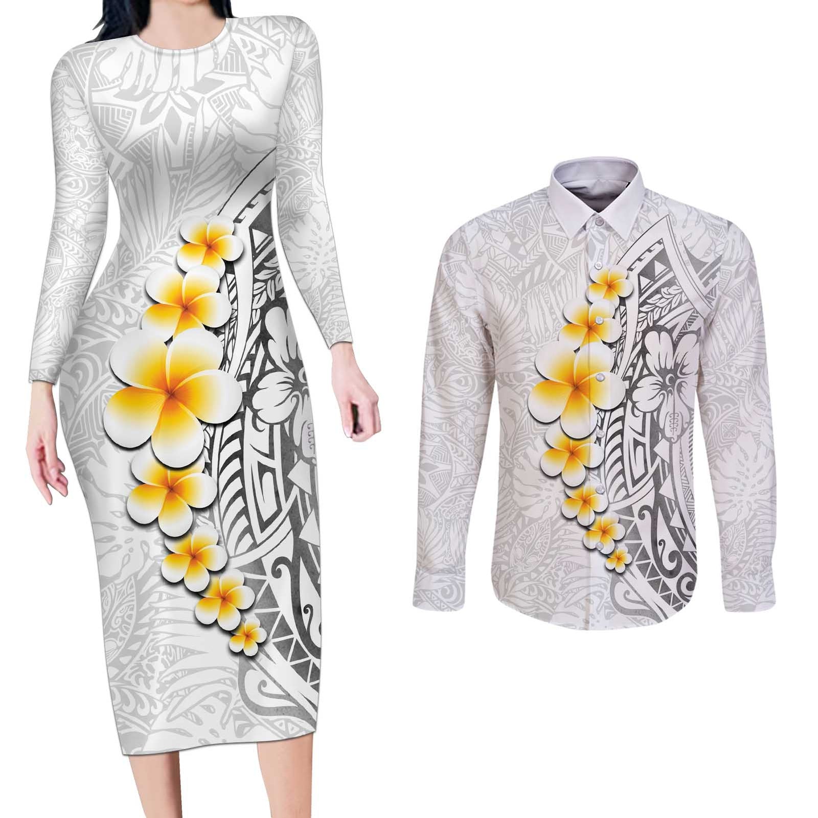 White Tropical Plumeria With Galaxy Polynesian Art Couples Matching Long Sleeve Bodycon Dress and Long Sleeve Button Shirt