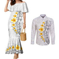 White Tropical Plumeria With Galaxy Polynesian Art Couples Matching Mermaid Dress and Long Sleeve Button Shirt