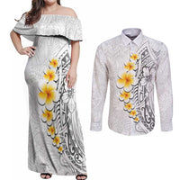 White Tropical Plumeria With Galaxy Polynesian Art Couples Matching Off Shoulder Maxi Dress and Long Sleeve Button Shirt