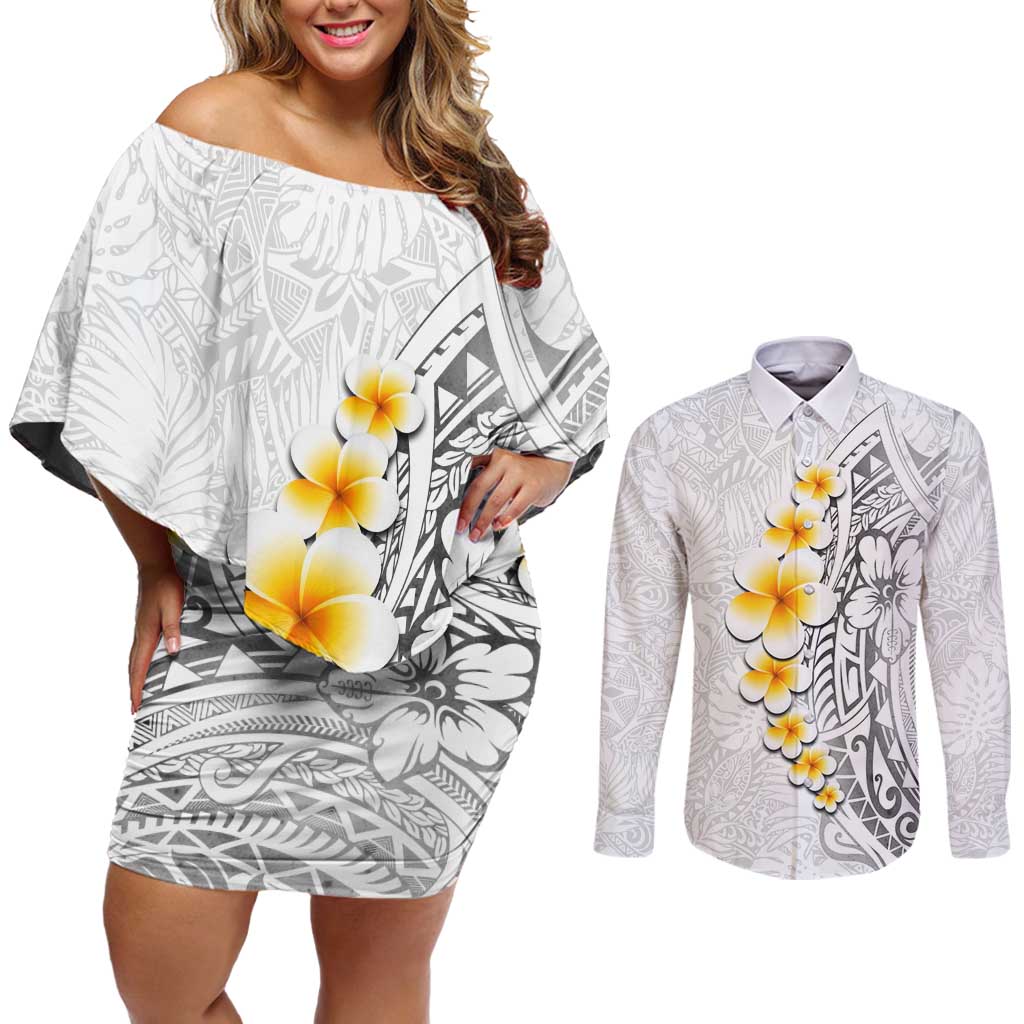 White Tropical Plumeria With Galaxy Polynesian Art Couples Matching Off Shoulder Short Dress and Long Sleeve Button Shirt