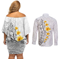 White Tropical Plumeria With Galaxy Polynesian Art Couples Matching Off Shoulder Short Dress and Long Sleeve Button Shirt