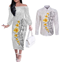 White Tropical Plumeria With Galaxy Polynesian Art Couples Matching Off The Shoulder Long Sleeve Dress and Long Sleeve Button Shirt