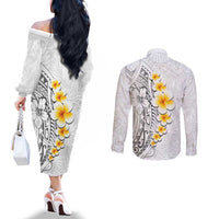 White Tropical Plumeria With Galaxy Polynesian Art Couples Matching Off The Shoulder Long Sleeve Dress and Long Sleeve Button Shirt