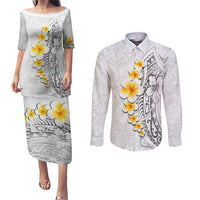 White Tropical Plumeria With Galaxy Polynesian Art Couples Matching Puletasi and Long Sleeve Button Shirt