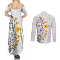 White Tropical Plumeria With Galaxy Polynesian Art Couples Matching Summer Maxi Dress and Long Sleeve Button Shirt